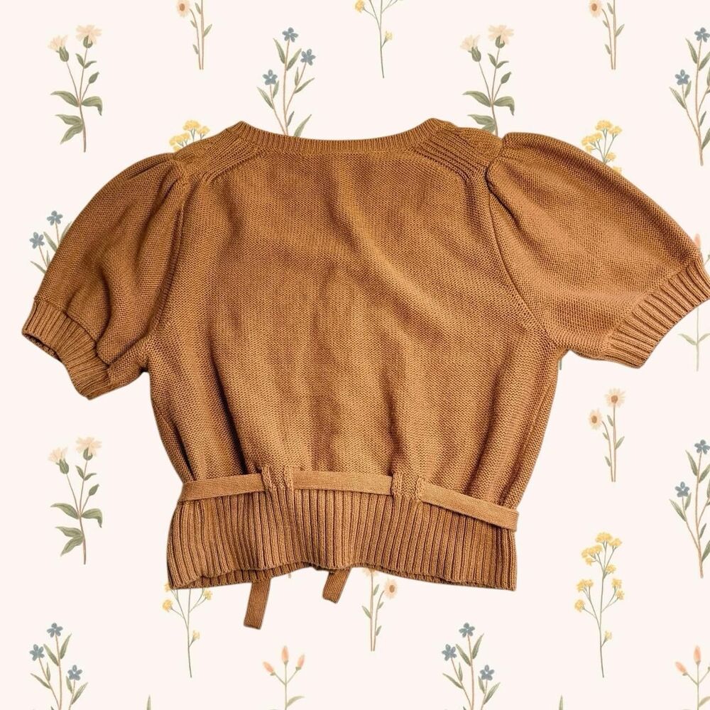 Everlane "The Puff Sleeve" Short Sleeve Cardigan Coquette Cotton Bow Top XS - Picture 2 of 6